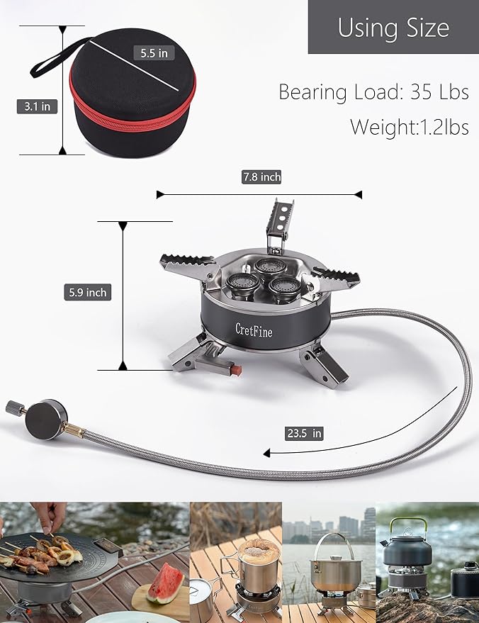 6800W Windproof Camping Stove with Adapters, Foldable Backpacking Triple Burner with Portable Case, Piezo Ignition, Compatible with Propane, Butane, and Isobutane for Hiking, Camp Cooking