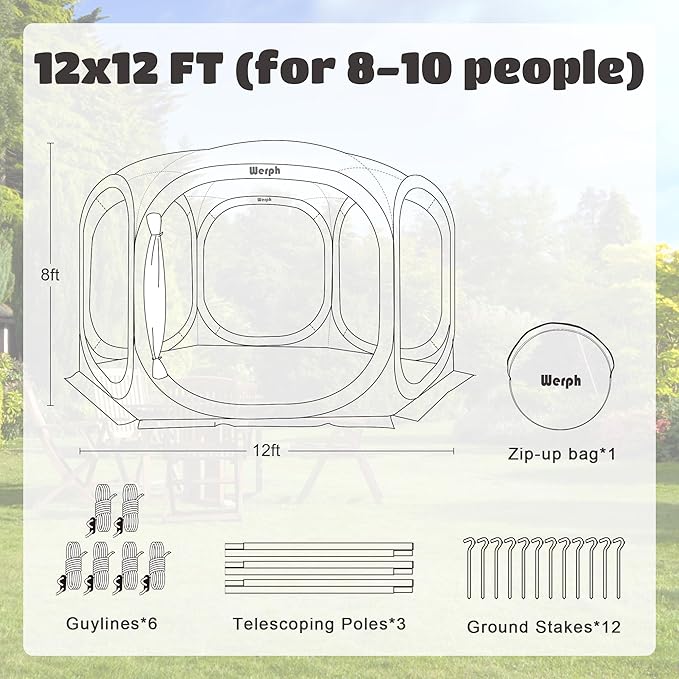 Pop Up Screen Tent Camping Canopy 12x12, Screen Room with Mosquito Net,Outdoor Tent Canopy,Pop Up Gazebo for Lawn & Garden,Parties or Camping,Green