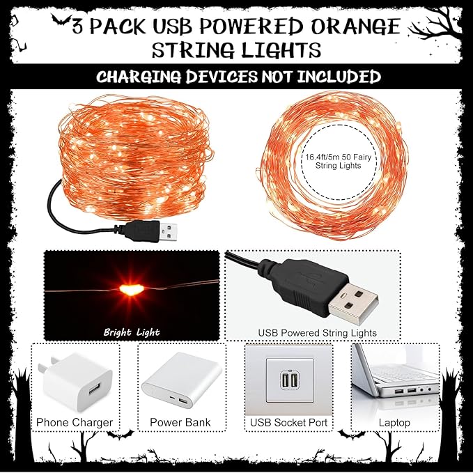 Macarrie Fairy Lights USB Powered 16 ft 50 LED String Lights Plug in for Xmas Indoor Outdoor Party Wedding Home Festival Tree Garden Decoration(Orange,3 Pcs)