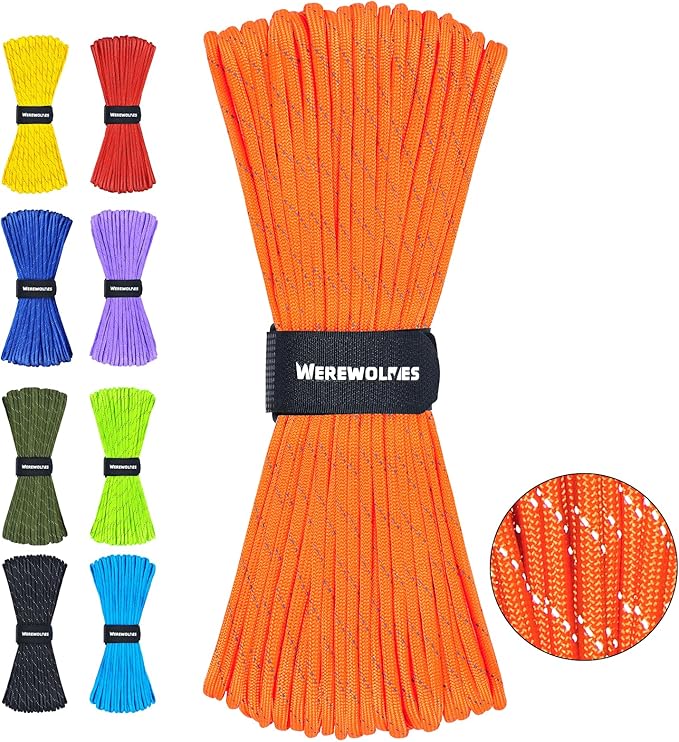 WEREWOLVES Reflective Paracord Rope 7 Strand Type III Parachute Cord 4mm 100ft / 200ft for Tent Camping Hiking Fishing Survival Tactical Clothesline DIY Projects
