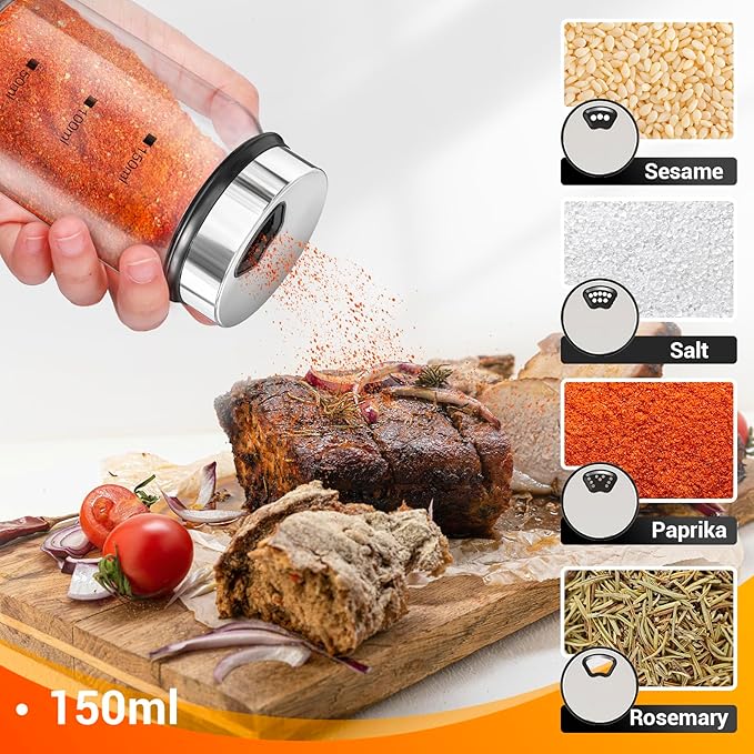 Segarty Spice Jars with Labels, 6 Pack 5oz Glass Spice Containers with Lids, Empty Clear Salt Shakers for Kitchen Condiment Storage, Spice Bottles Set with 136 Stickers, 1 Marker Pen and 1 Brush