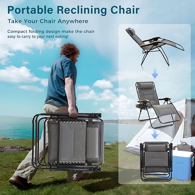 MFSTUDIO Zero Gravity Chairs, Oversized Patio Recliner Chair, Padded Folding Lawn Chair with Cup Holder Tray, Support 400lbs, Light Grey