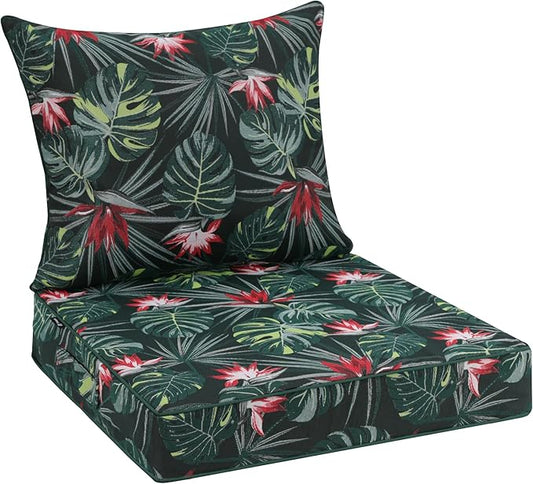 Favoyard Outdoor Seat Cushion 22 x 22 x 3 in Waterproof Pattern Fade Resistant Cover Removable Patio Furniture Cushions Deep Seat & Back Cushion Set with Adjustable Straps for Patio Chair Sofa Couch
