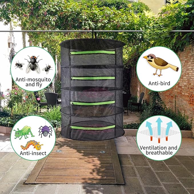 Drying Rack Net Dryer 4 Layer 2ft Black W/Green Zippers Hydroponics Drying Rack Herbs for Plant Bud Seed,Plant Racks for Weed,Mesh Hanging Plant Dry,Herb Dry,for Garden Outdoor Bud Tea