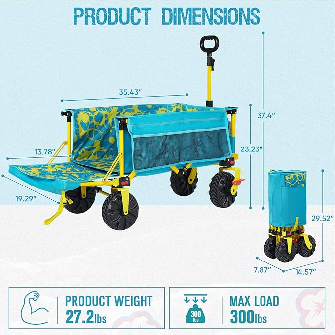 49" L Extra Long Beach Wagon with Tailgate,Big Wheels with Brake for Sand, Collapsible Utility Beach Cart Heavy Duty Folding Wagon,Ideal for Outdoor Sand Camping Garden Pet