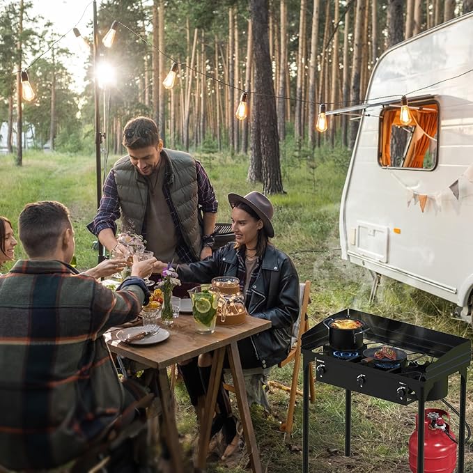 CAMPLUX 3 Burner Camping Stove for Outdoor Cooking, 225,000 BTU Propane Outdoor Stove with Detachable Stand Legs and Windshield, Propane Gas Stove with Adjustable High Pressure Regulator and Hose