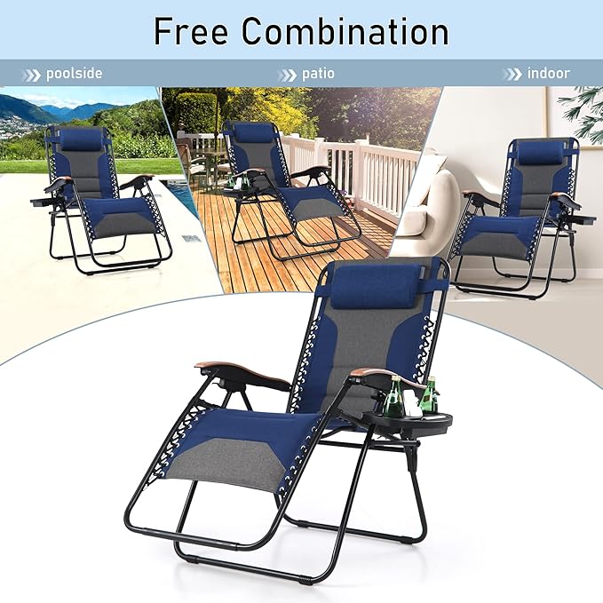 PHI VILLA XXL Oversized Padded Zero Gravity Chair, Foldable Patio Recliner, 30" Wide Seat Anti Gravity Lounger with Cup Holder, Set of 2, Support 400 LBS (Thumb Blue)