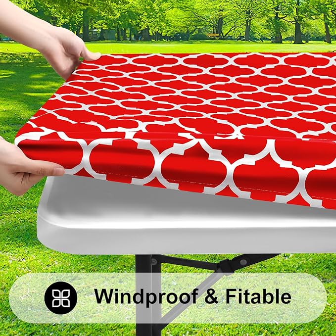 Smiry Rectangle Picnic Table Cover, Waterproof Elastic Fitted Camping Tablecloths for 4 Foot Tables, Wipeable Flannel Backed Vinyl Tablecloth Protector for Indoor, Outdoor (Red, 24x48 Inches)