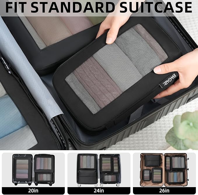 BAGAIL 4 Set/6 Set/8 Set Compression Packing Cubes Travel Accessories Expandable Packing Organizers (Square Mesh, 05-Black)