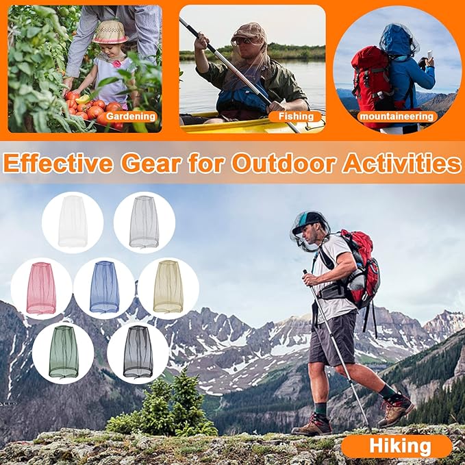 Benvo Mosquito Head Net Mesh, Face Neck Fly Netting Hood from Bugs Gnats Noseeums Screen Net for Any Outdoor Lover- with Carry Bags Fits Most Sizes of Hats Caps (2pcs, Khaki, Updated Big Net)