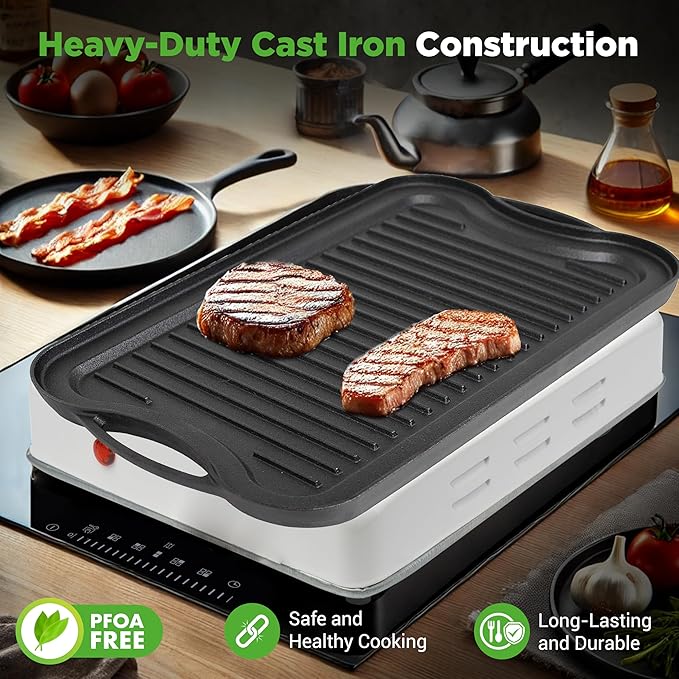 NutriChef Reversible Cast Iron Griddle – Flat & Grill Sides, Extra-Wide, Oven Safe, PFOA & PFOS Free, Compatible with Multiple Stovetops