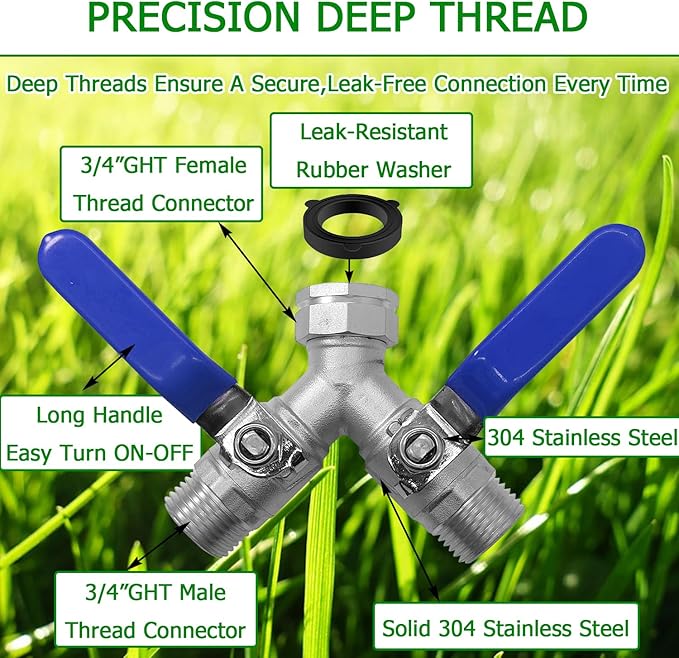 Garden Hose Splitter 2 Way 3/4" GHT Thread Heavy Duty 304 Stainless Steel Y Valve Water Hose Splitter With Long Handle