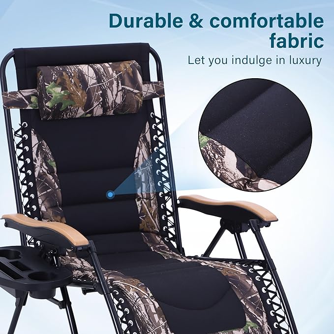 MFSTUDIO Zero Gravity Chairs Set of 2, XL Oversized Outdoor Anti Gravity Chair, Patio Lounge Folding Adjustable Chair with Cup Holder & Padded Headrest, Support 400lbs,Camouflage