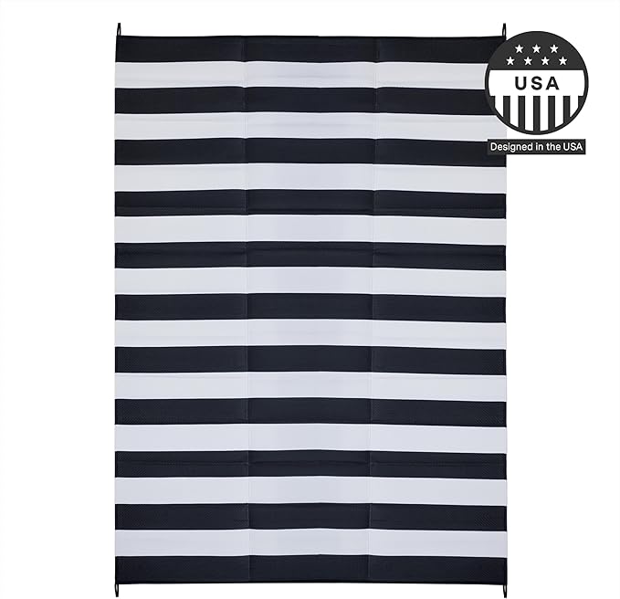 FH Home Outdoor Camping Rug - Waterproof, Fade Resistant, Reversible - Premium Recycled Plastic - Striped - Large Patio, Deck, Sunroom, RV - Brittany Stripe - Black & White - 9 x 12 ft Foldable