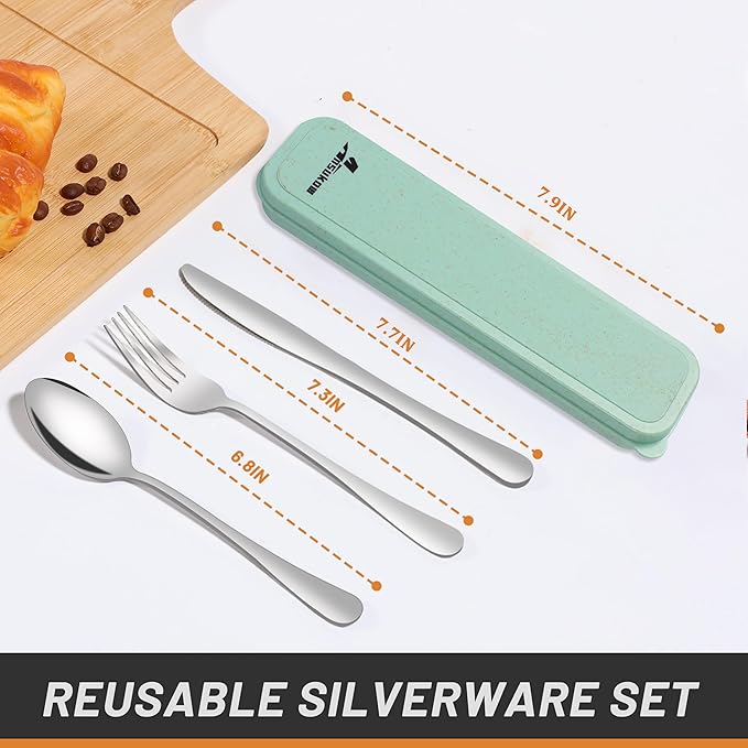 4 Piece Travel Utensils Camping utensils Travel Silverware Set with Case Fork and Spoon Set Office Stainless Steel Reusable Trip Cutlery Set Easy to journey Lightweight Lunch Box for Men