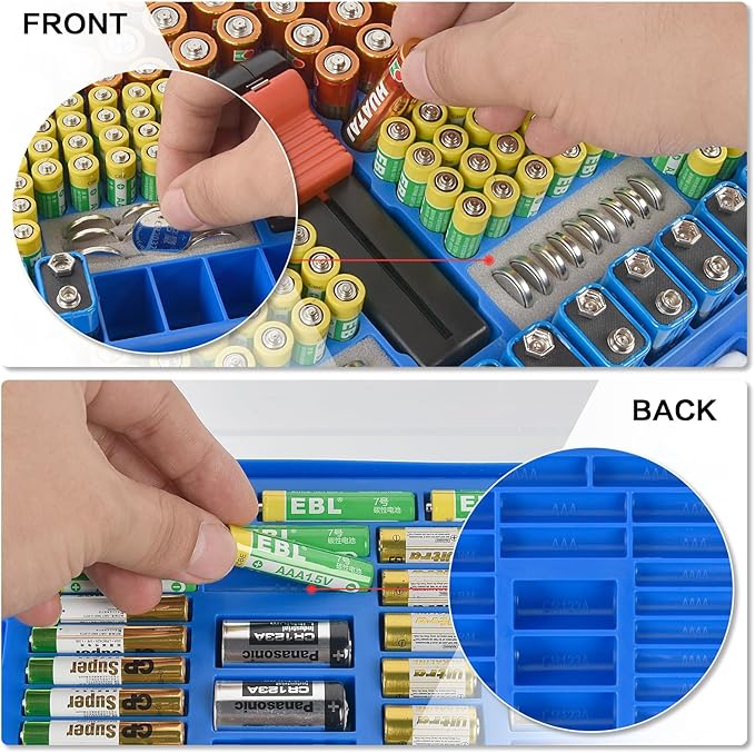 Battery Organizer Storage Holder Case with Double-Sided, Garage Box with Tester Checker. Batteries Container for 269pcs AA AAA AAAA 3A 4A 9V C D Lithium 4LR44 CR2 CR123A CR1632 CR2032 18650 - Blue