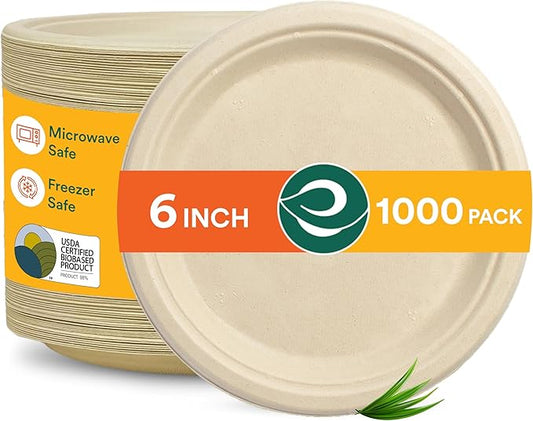 ECO SOUL 100% Compostable 6 Inch Small Paper Plates 1000 [20x50 Pc] Disposable Bulk Party Heavy Duty, Eco-Friendly, Appetizer, Dessert, Wedding Plates I Biodegradable Unbleached Sugarcane Eco Plates