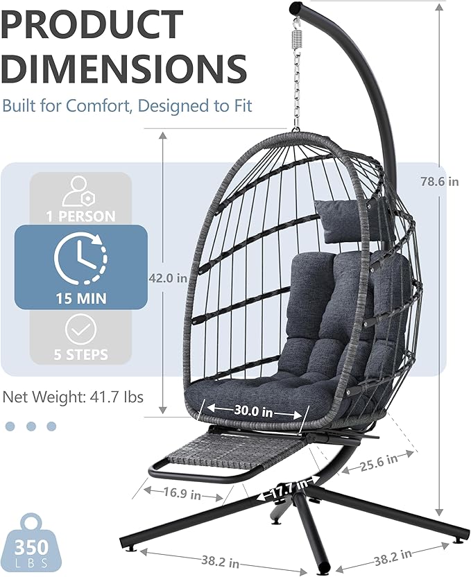 SWITTE Egg Chair Outdoor with Footrest & Stand, Indoor Wicker Hanging Egg Swing Chair with Cushion for Patio, Bedroom, Garden - Dark Gray