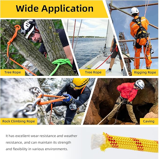 Arborist Rope, 1/2 Inch x 200 Feet Double Braided Climbing Rope Polyester for Outdoor, Climbing, Hiking, Swing, Tree Work, Halyard, Sailing etc(Yellow)