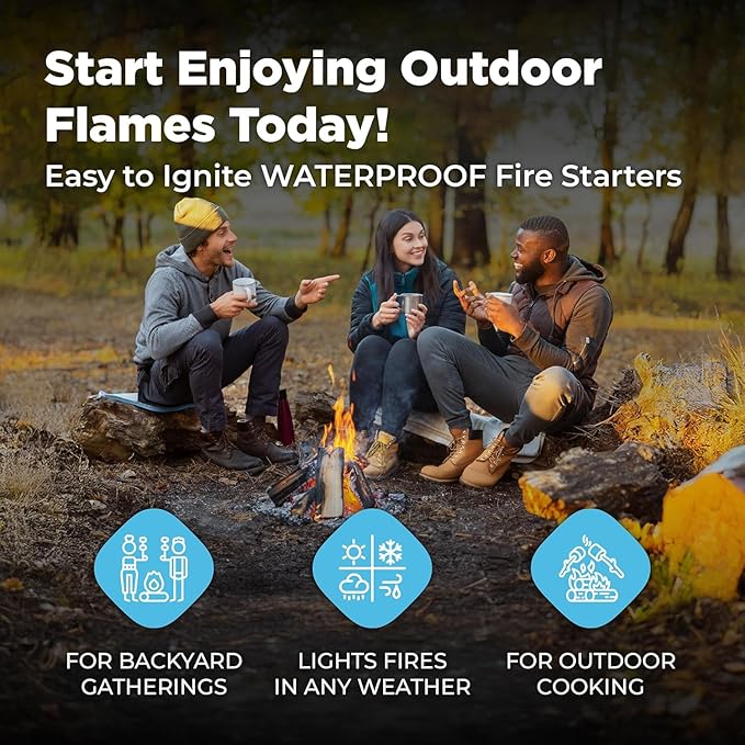 Waterproof Fire Starters for Indoor Fireplace, BBQ, Campfire, Wood Stove, Chimney, Fire Pit, Grill, Smoker, Bonfires, | (20-Pack Ultra Starters) Reliable Fire Igniters in Wet Weather, Get Stoked!