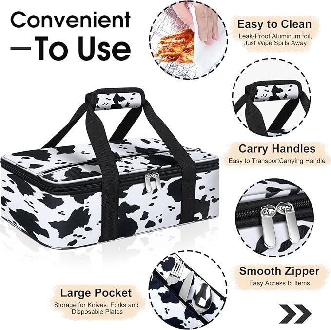 Insulated Casserole Carrier, Portable Casserole Carrier for Hot or Cold Food Lunch Tote Warmer or Cooler Bag, Lasagna Lunch Bag for Potluck Parties- Fits 9" x 13" Baking Dish-Cow Pattern