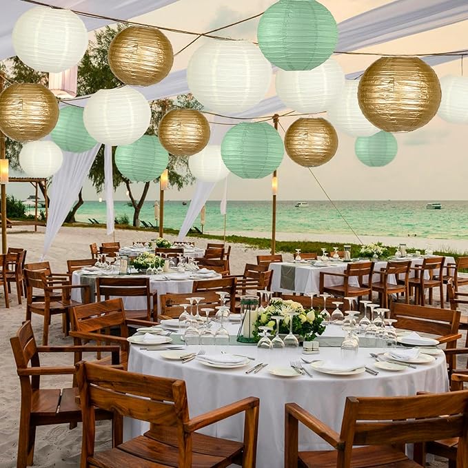 Round Paper Lanterns Decorations, Chinese Paper Lanterns Decorative, Sage Green/Gold/White for Rustic Party Sage Green Birthday Party Bachelorette Engagement Wedding Baby Shower 15pcs