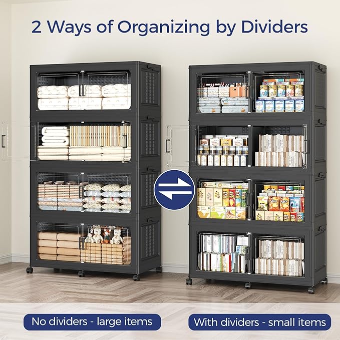 250GAL Extra Large Storage Bins with Lid, 1000Qt Stackable Closet Organizers and Drawers, Collapsible Storage Bins with Wheels, Folding Storages Cabinet for Home Bedroom Office, 5Pack Black