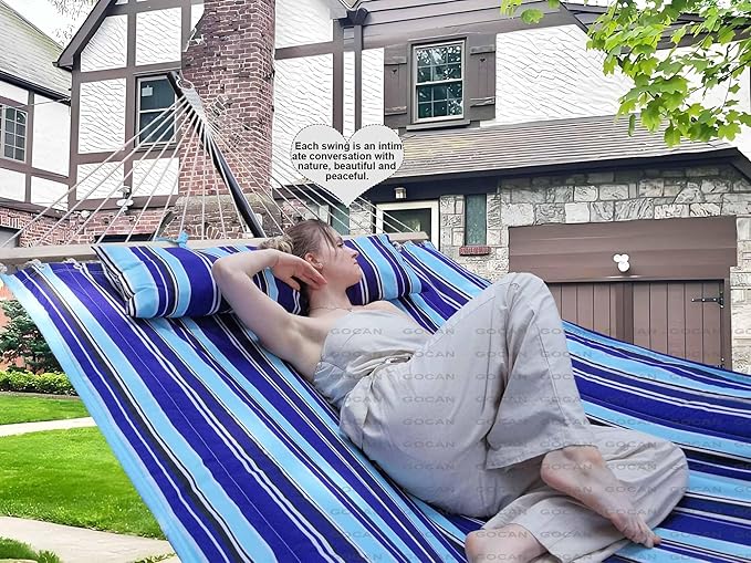 Double Hammock with Quilted Fabric and Spreader Bars,Longer and Sturdier,Quality Hammocks for Outdoor Indoor Patio Yard