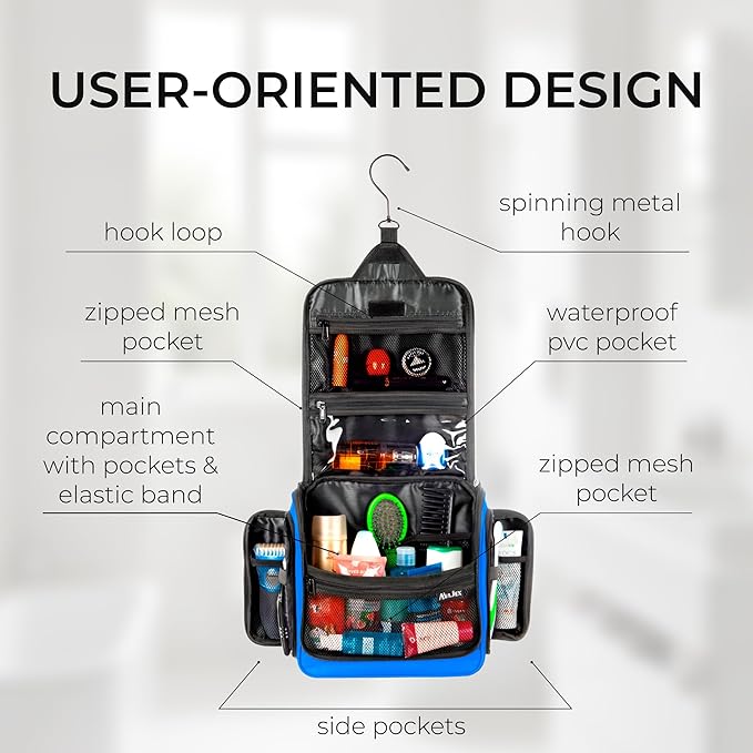 Large Hanging Toiletry Organizer - Travel Toiletry Bag for Men and Women - Waterproof Hygiene Bag with Metal XXL Swivel Hook, Sturdy Zippers and 19 Compartments for Toiletries, Makeup (Light Blue)