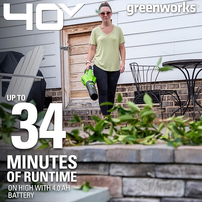 Greenworks 40V (120 MPH / 450 CFM / 75+ Compatible Tools) Cordless Axial Leaf Blower, 4.0Ah Battery and Charger Included