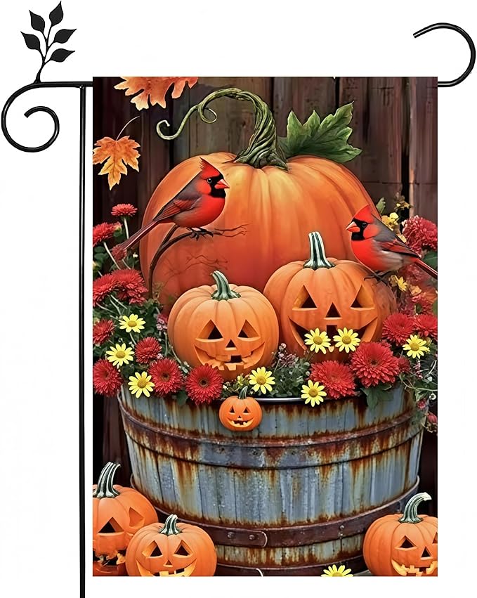 Fall Garden Flags 12x18 Double Sided, Pumpkin Yard Flags for Outside, Autumn Bird Small Yard Flags for Home Outdoor Decorations