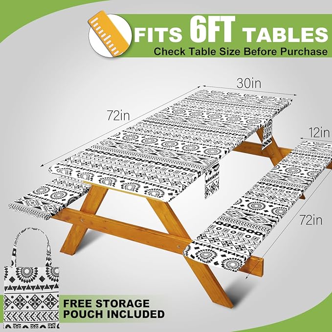 Fitted Picnic Table Cover with Bench Covers Vinyl Waterproof Elastic Edges Fitted Rectangle Tables Patio Tablecloth Camping Gear and Essentials Rv Accessories Road Trip Supplies Car Travel Must Haves