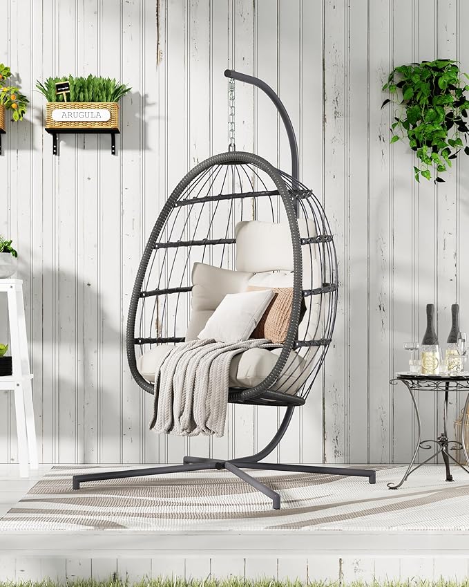 HWB Hanging Egg Chair with Stand, Swing Hammock Chair with Cushion for Indoor Outdoor, Patio Wicker Egg Swing Chair for Balcony Furniture, White