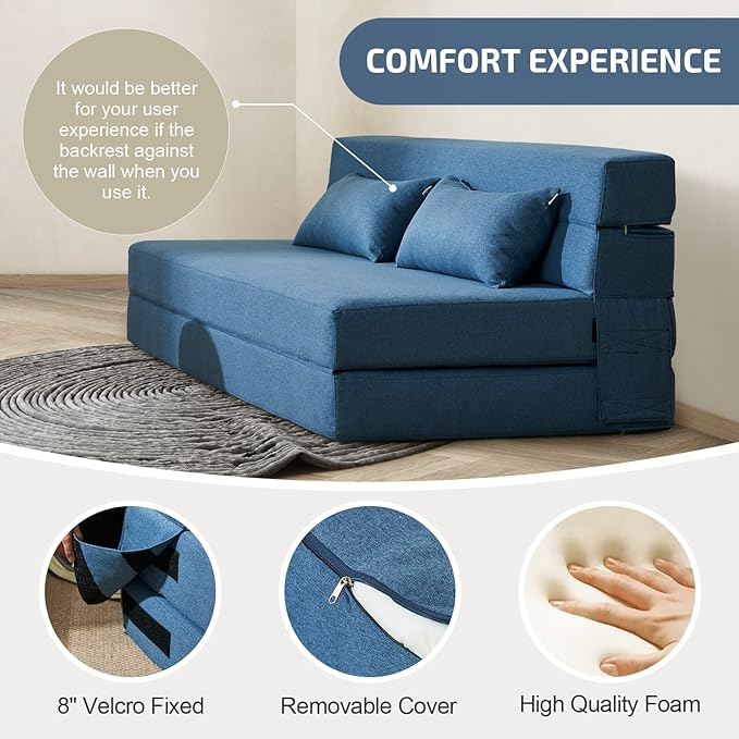 Folding Sofa Bed with Pillows- Convertible Chair Floor Couch & Sleeping Mattress, Foldable Memory Foam Sleeper for Living Room/Dorm/Guest Room/Home Office/Apartment/Loft, Queen, Navy Blue