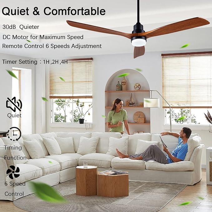 60” Ceiling Fan [with Lighting Remote], Indoor Outdoor Mute, Modern Wooden Ceiling Fan [with 3 Solid Wood Blades] for Patio, Living Room, Bedroom, Hallway.