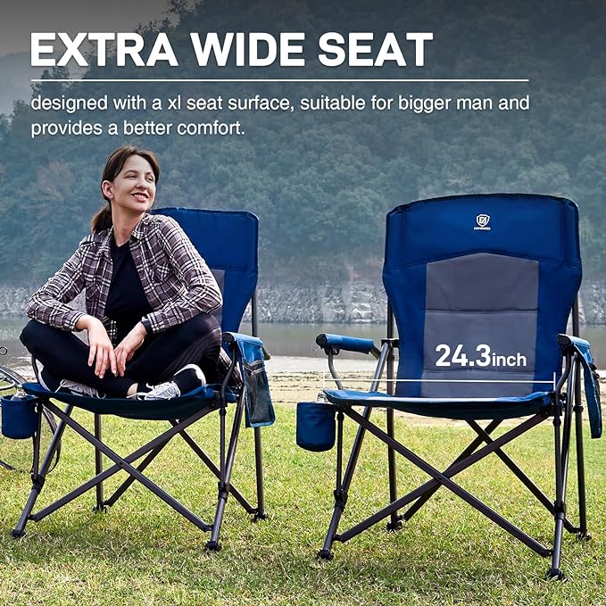 EVER ADVANCED Oversized Folding Camping Chair for Adults, Heavy Duty Lawn Chair with Side Pockets, Portable Collapsible Quad Chair for Outside, Support Up to 500lbs
