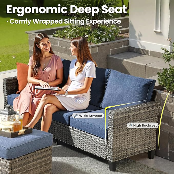 ovios 7 Pieces Patio Furniture Set with 42" Fire Pit Table, Outdoor Wicker Sofa with Swivel Chairs, All Weather High Back Rattan Couch Conversation Set, Denim Blue