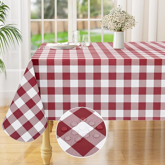 misaya Rectangle Waterproof Vinyl Table Cloth, Buffalo Flannel Backed Tablecloth, Wipeable Plastic Table Cover for Dinner, Kitchen, Outdoor (60" x 102", Burgundy and White)