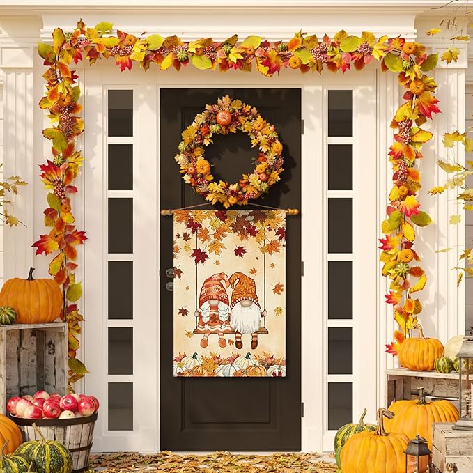 Fall Gnomes Swing Maple Leaves Pumpkins House Flag Large 28X40 Inch Autumn Big Vertical Double Sided Outside Yard Outdoor Outside Holiday Decoration