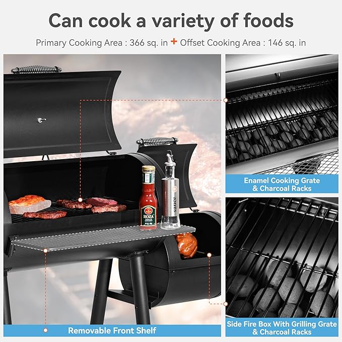 GREEN PARTY Offset Smoker Charcoal Grills with 28 Inch Cook Chamber, Barrel Smoker and Charcoal Grill Combo, 512 Sq. In. Space Barrel Smoker Grill for Outdoor BBQ Patio Backyard Cooking