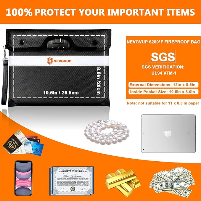 6200°F Upgraded Fireproof Money Bag with Lock, Fireproof Bag for A5 Documents w. Zipper/Reflective Strip, 9 Layers of Heat Insulated Materials, Water Resistant Fire Proof Money Bags for Cash,Valuables