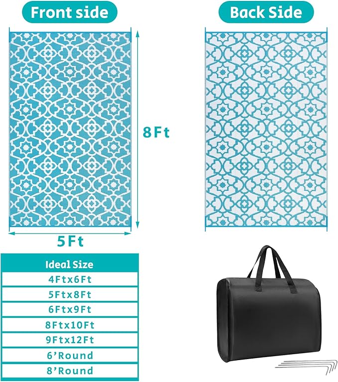 HEBE Outdoor Rug Waterproof 5x8, Plastic Straw Rug Camping Rug, Reversible Outdoor Patio Rugs RV Mat Clearance, Indoor Outside Floor Carpet for Porch,Deck,Camper,Balcony,Backyard