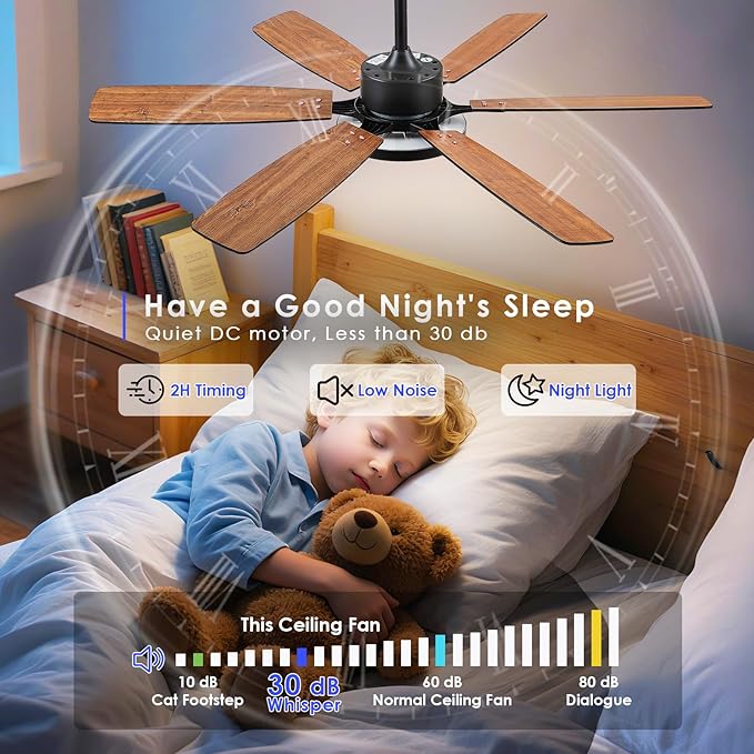 52“Ceiling Fan with Light,Black Ceiling Fans with Light and Remote for Bedroom with DC Motor,6-Blade,3CCT,Surper Bright Dimmable LED Ceiling Light with Fan for Livingroom Patio Use,Indoor/Outdoor