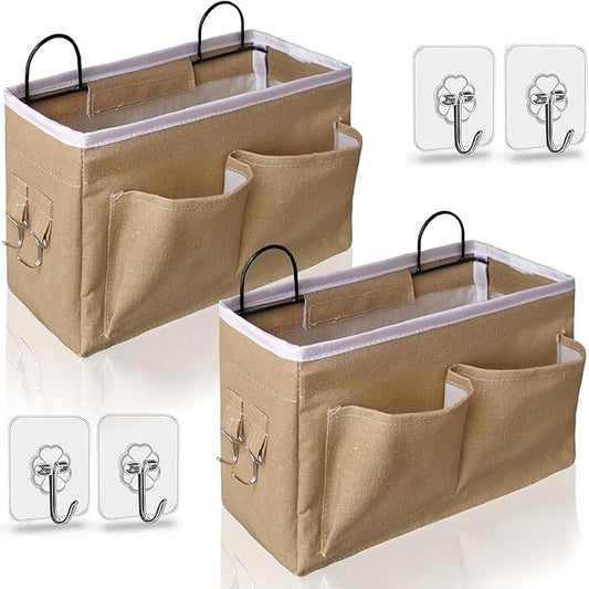 2pcs Middle Wall Hanging Organizer Bag, Linen Fabric Door Hanging Storage Basket with Pockets, Waterproof Bin for Kitchen, Bedroom, Office, RV Camper (Khaki)