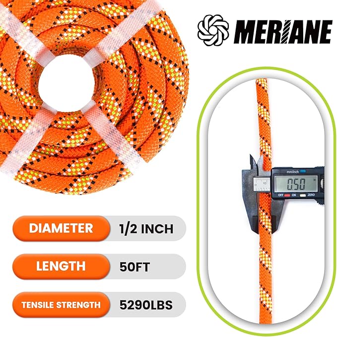 1/2in 50ft Double Braid Polyester Rope, 48 Strands, 5290lbs Breaking Strength, Orange Arborist Rigging Rope for Various Indoor Outdoor Use Hiking Camping Swing Sailing