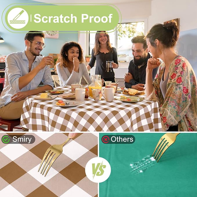 Smiry Round Plastic Table Cloth, Waterproof Vinyl Tablecloth with Flannel Backing, Wipeable Buffalo Plaid Table Cover for Dining, Indoor and Outdoor (Brown & White, 60" Round)