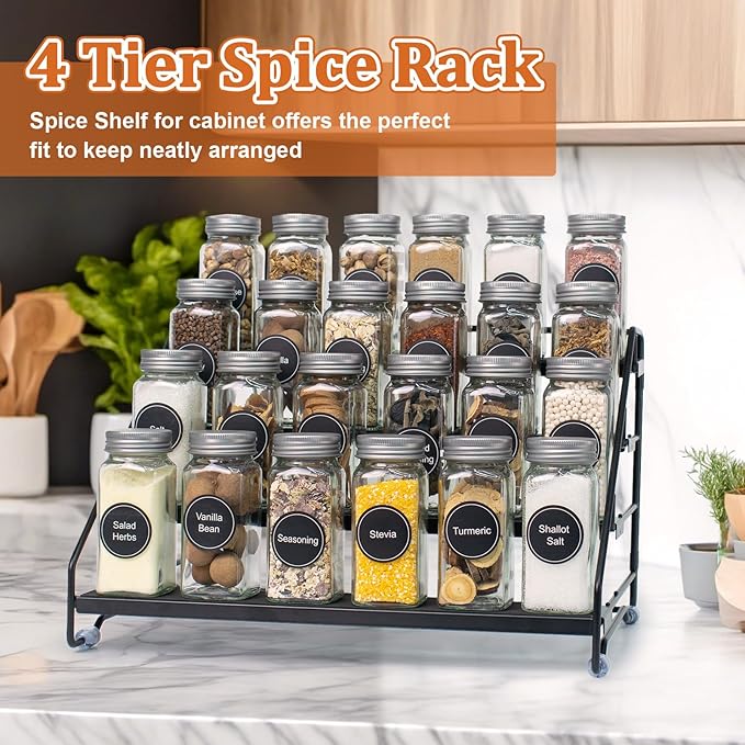 4 Tier Spice Rack Organizer for Cabinet, Step Adjustable Spice Shelf Seasoning Organizer with Non Slip Tiers, Expandable Metal Spice Rack for Kitchen Countertop, Pantry, Cupboard – Black