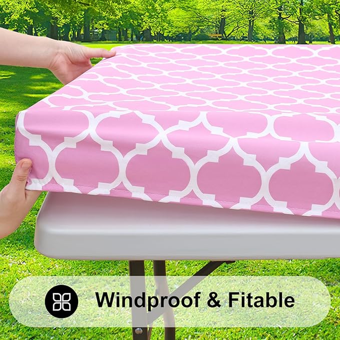 Smiry Rectangle Picnic Table Cover, Waterproof Elastic Fitted Camping Tablecloths for 4 Foot Tables, Wipeable Flannel Backed Vinyl Tablecloth Protector for Indoor, Outdoor (Pink, 24x48 Inches)