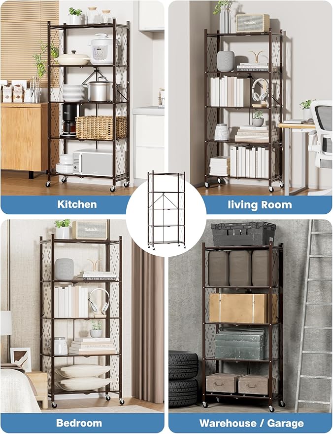 ALANNG 70.7" H Metal Storage Shelves, 5 Tier Folding Shelf on Wheels, Heavy Duty, No Assembly, Rolling, Collapsible Rack Unit for Kitchen, Basement, Pantry (Vintage Brown,3 Pack)
