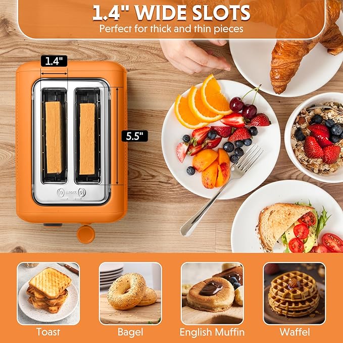 BUYDEEM DT620 2-Slice Toaster, Extra Wide Slots, Retro Stainless Steel with High Lift Lever, Bagel and Muffin Function, Removal Crumb Tray, 7-Shade Settings,Orange